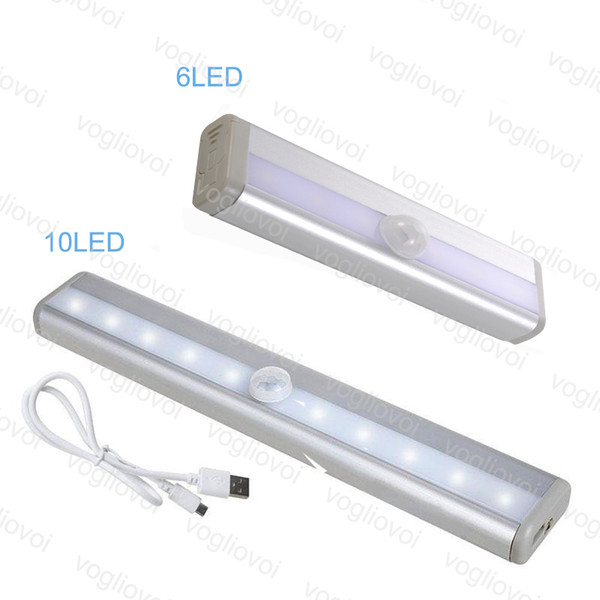 LED Cabinet Lights Motion Sensor 0.1M 6LED 10LED PIR USB Rechargeable Lithium Battery Wireless Lamp Light Wall Light Warm White DHL