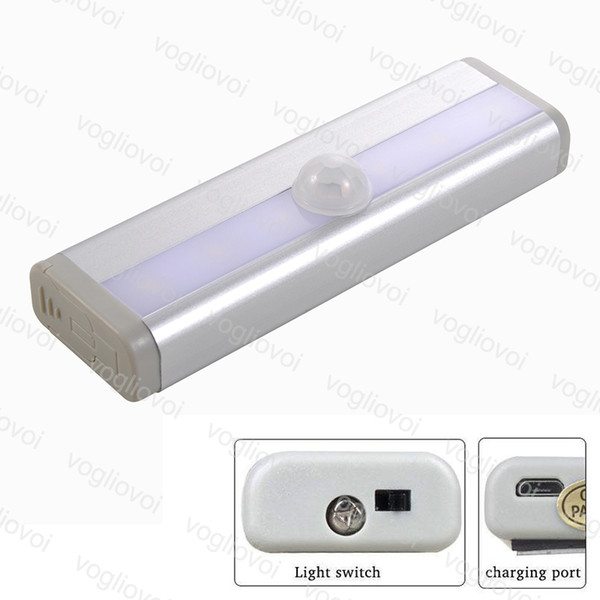 LED Cabinet Lights Motion Sensor 6LED PIR USB Rechargeable Lithium Battery Wireless Lamp Light Bar Magnetic Strip Wall Light White DHL