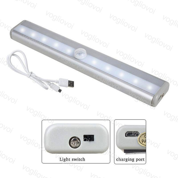 LED Cabinet Lights Motion Sensor 0.2M 10Led PIR USB Rechargeable Lithium Battery Wireless Lamp Light Bar Magnetic Strip Wall Light DHL