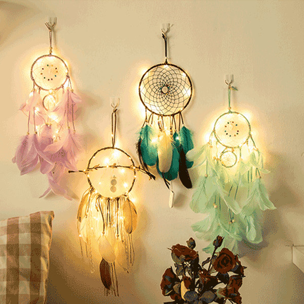 Feather Dream Catcher Mobile LED Fairy Lights Battery Powered Hanging Ornaments with Dipped Glitter Feathers Wedding Decorations