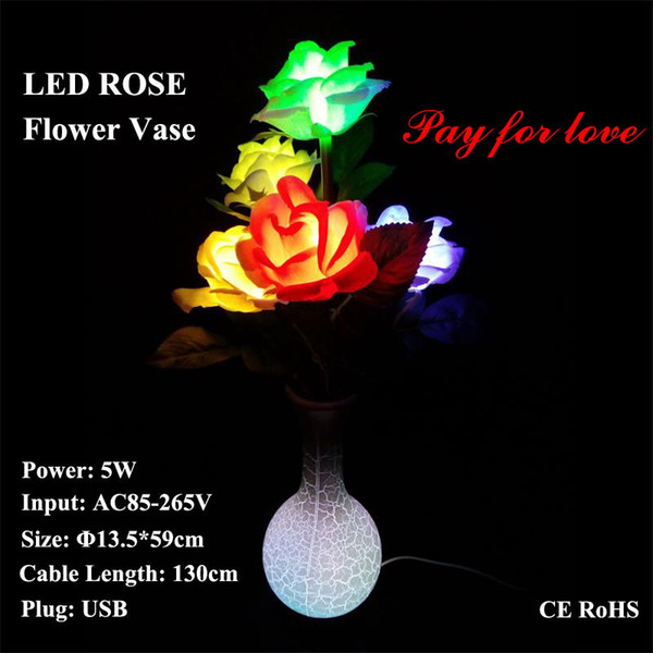 LED Rose Flower Vase Lamp Dream table Desk lights Girlfriend Christmas Gift Holiday lighting USB Plug AC Power Adapter USB Cable Wire Line