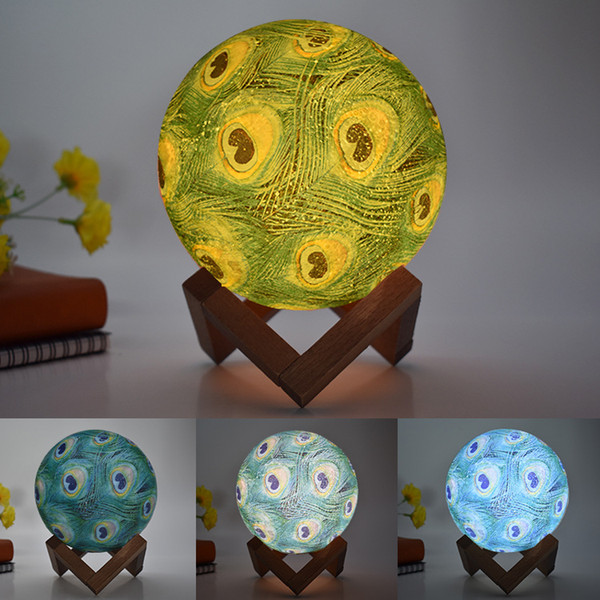 Moon Lamp Children Gift Originality Desk Lamp Coloured Drawing Or Pattern LED Peacock Feather 3d Small Night-light