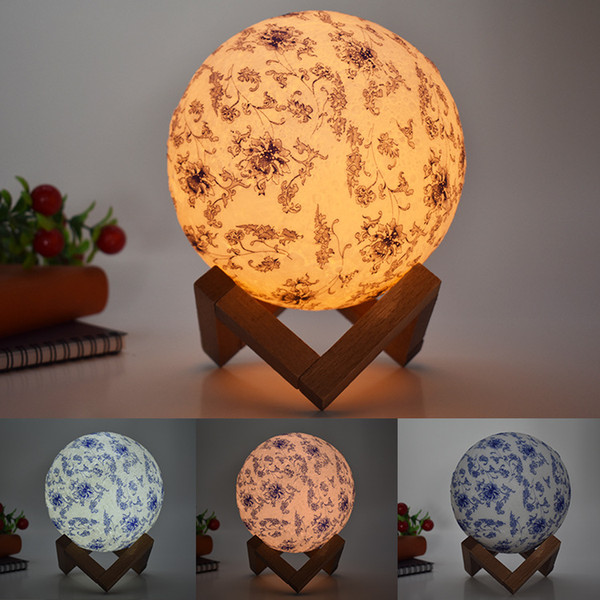 Moon Lamp Children Gift Originality Desk Lamp Coloured Drawing Or Pattern LED Blue And White Porcelain 3d Small Night-light