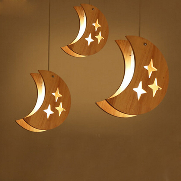 Pendant Lamps Modern Restaurant Coffee Bedroom Pendant Lights Wood Material AC110V/220V E27 star and moon pendant light