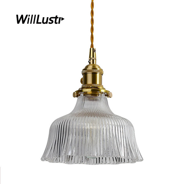 Japan Style Ruffled Skirt Ribbed Clear Glass Pendant Lamp Brass Suspension Lighting Living Room Hotel Hall Cafe Hanging Light Two Sizes