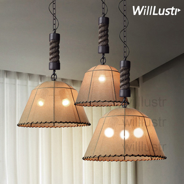 Willlustr linen cloth shade pendant lamp American country suspension light fabric lighting hotel restaurant cafe bar dining living room home