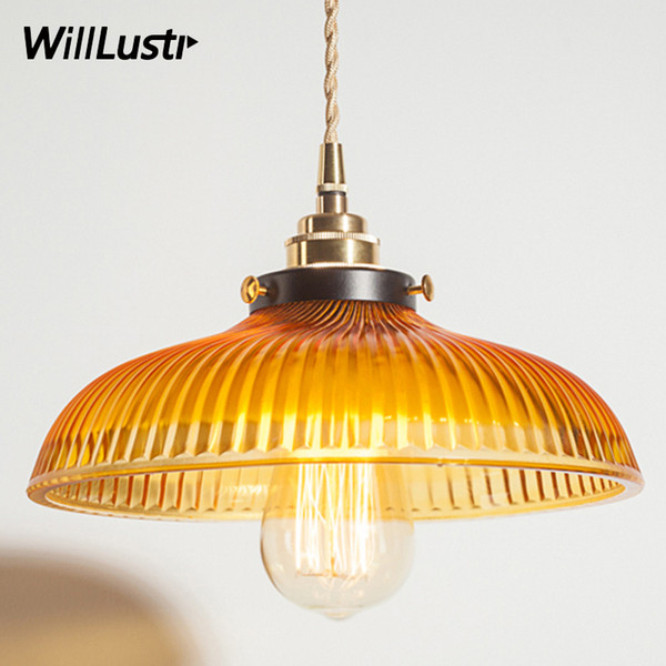 Nordic vintage ribbed amber pressed glass pendant light brass head pendant lamp dinning room home hotel restaurant loft bar cafe lighting