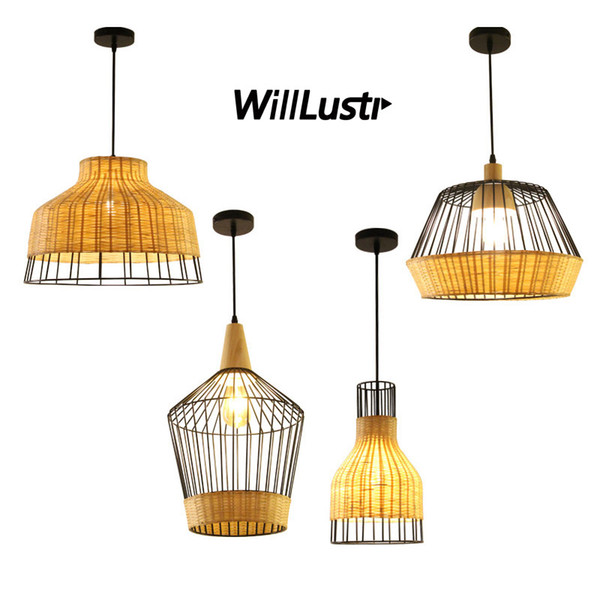 Hand Knitted Bamboo Pendant Lamp Retro Iron Industial Suspension Hanging Light Hotel Restaurant Club Lounge Dining Room Bedroom