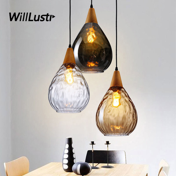 Creative Water Drop Wood Glass Pendant Lamp Restaurant Bar Lounge Study Living Room Smoke Amber Nordic Suspension Hanging Light