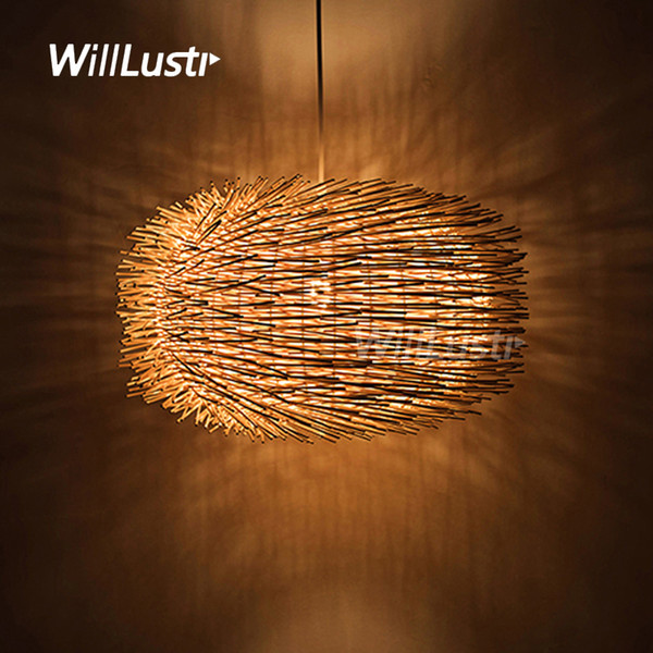 willlustr wicker pendant lamp handmade wood suspension light bird nest shape hanging lighting bar hotel restaurant mall lounge