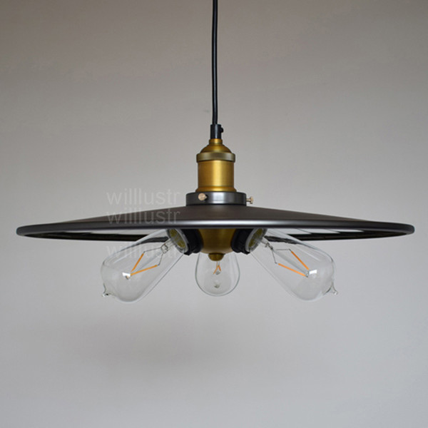 American country vintage 20TH C. FACTORY FILAMENT REFLECTOR TRIPLE PENDANT lamp mirror lined suspension lighting gun-black loft light