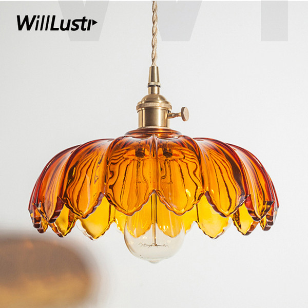 Nordic vintage crystal color pressed glass pumpkin pendant light brass pendant lamp home dinning room hotel restaurant red blue amber light