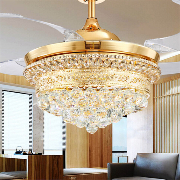 Modern Invisible Blades Ceiling Fans Crystal Retractable Belt Pendant Lamp With LED Lights Folding Ceiling Fan Dining Room Chandelier