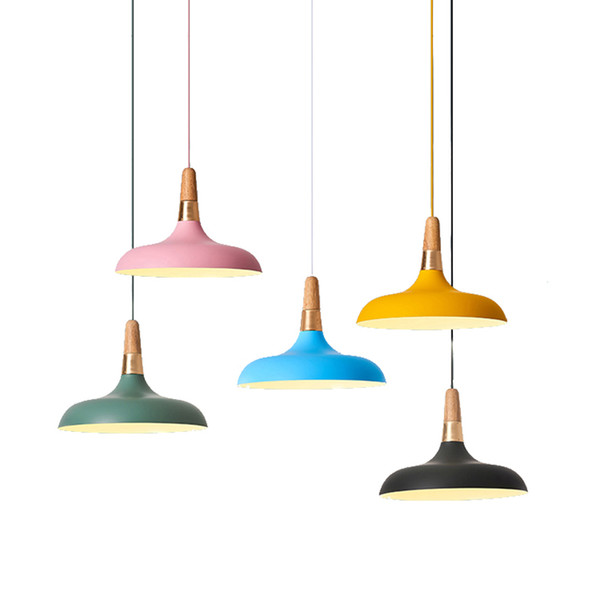 Modern simple LED pendant lamps colorful macaron metal with wood indoor lighting hanging lamp round kids room foyer bedroom lighting fixture