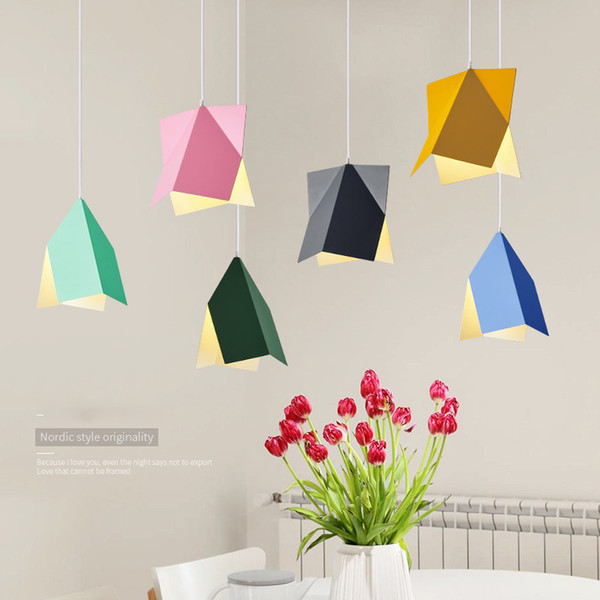 Modern simple geometry pendant lights colorful macaron hanging light metal single head droplight for kids room bedroom foyer pendant lamps