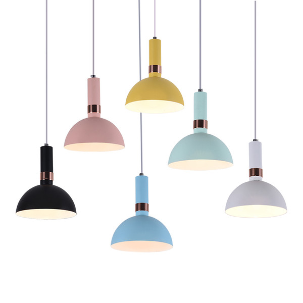 Nordic pendant lights colorful macaron metal hanging light pink blue yellow white droplight kids room bedroom restaurant E27 bulb droplight