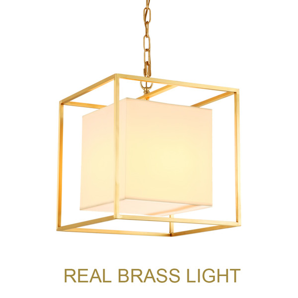 European American golden square cube copper brass LED pendant lamp light fabric square frame modern LED hanging chain light lamp