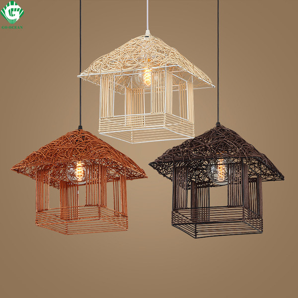 GO OCEAN Contemporary LED Pendant Lights Hanging Lights Dining Room Study Foyer Indoor Light Wicker Rattan Hand Knitted Lamp