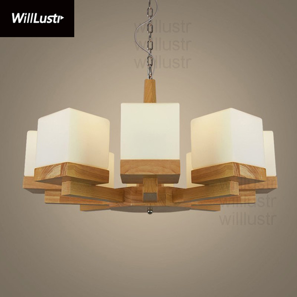 Willlustr oak wood frame cubi white frosted glass pendant lamp cubic suspension light hanging lighting dinning rest room hotel restaurant