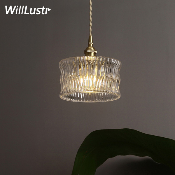 handmade ribbed wave glass brass pendant lamp clear crystal Japan nordic antique retro cafe bar hotel home bedroom suspension light fixture