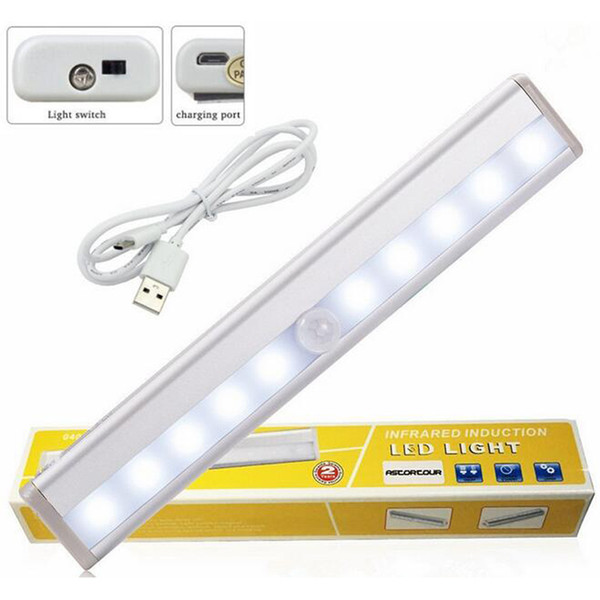 USB Rechargeable 10 LED Wireless Night Light Motion Detector Sensor Closet Cabinet Light Lamp Stick-on Anywhere Motion Sensing Light Bar