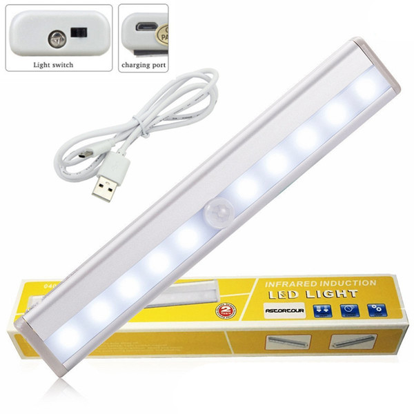 10LED Under Cabinet Night Light USB Rechargeable PIR Motion Sensor Lamp Kitchen Wardrobe Closet Night Lamp