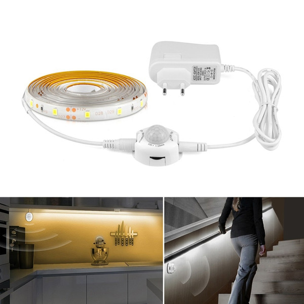 LED Motion Sensor Cupboard Wardrobe Bed lamp Under Cabinet Night light Flexible LED Strip 12V Tape 110V 220V US EU Power Supply