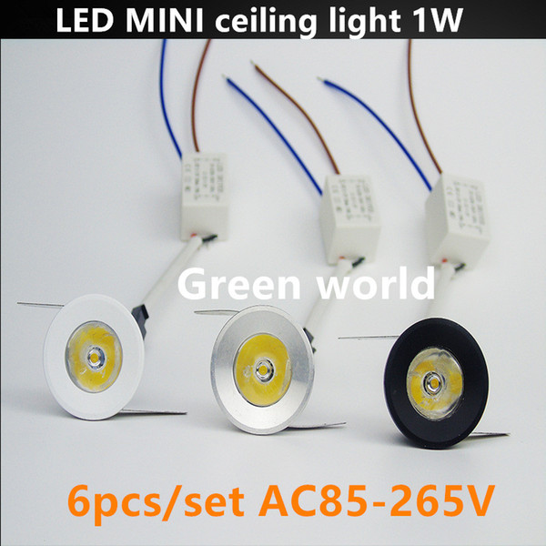 1W Led Mini Ceiling Light white/silver/black cover for Home Living Room Recessed Cabinet light AC85-265V 6pcs/set
