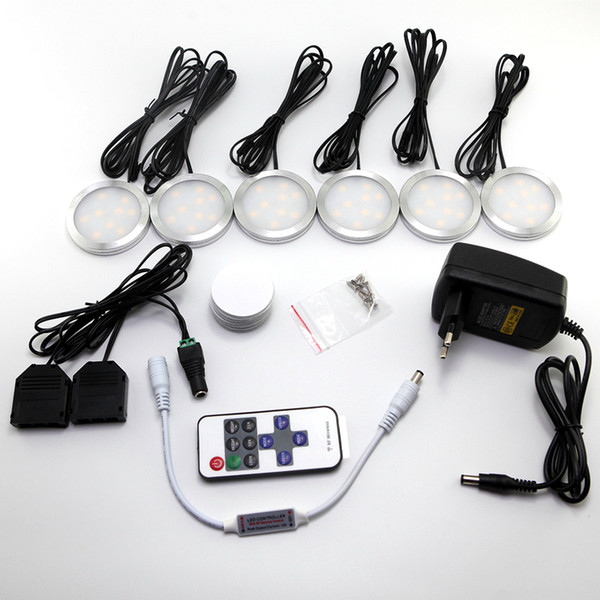 Free shipping 6pcs/set 6*2W led under cabinet light puck light with RF Dimmable and Adapter input AC100-240V output DC12V