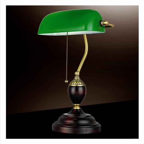 Retro Literary Table Light Emerald Green Glass Bank Office Desk Lamps Red Wood Vintage Reading Night Lighting Student Redwooden Book Lamps