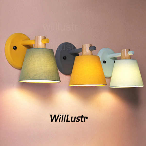 Willlustr macaron color fabric shade wall lamp oak wood iron arm wall sconce bedside kitchen hotel restaurant light yellow green