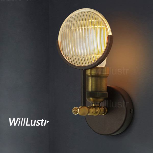 Willlustr Vintage Glass Wall Lamp Moder light Metal Wall sconce Iron lighting vintage bulb clear stripe RIBBED GLASS shade