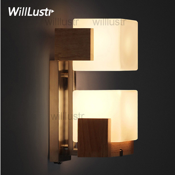 Willlustr Cubi Wall sconce frosted glass Lamp wood base cubic design Modern light hotel restaurant doorway porch vanity lighting novelty