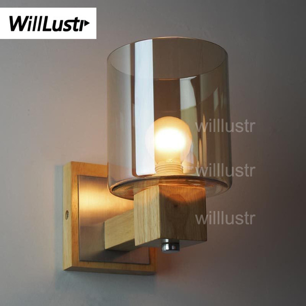 Willlustr Wood Wall Lamp Modern amber glass shade light Wall sconce oak wood wall lighting vintage bulb American country vanity light