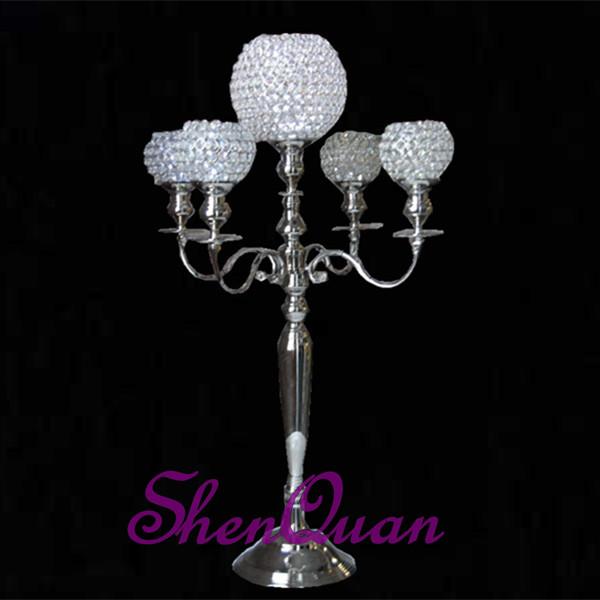 high quality facrory price modern glass iron candle lotus crystal bead candlestick 5 arms crystal candelabra centerpiece