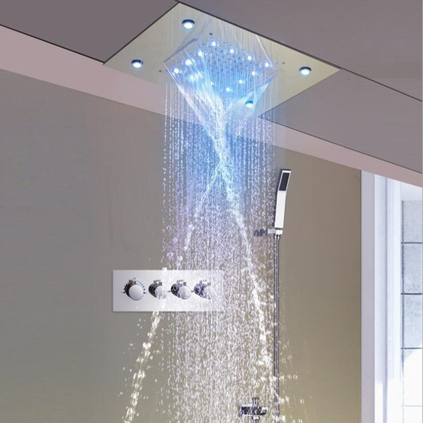Waterfall LED Shower Faucet Set Contemporary Auto-Thermostat Control Multi-function Top Spray Bathroom Rain Shower Head Side Spray Large