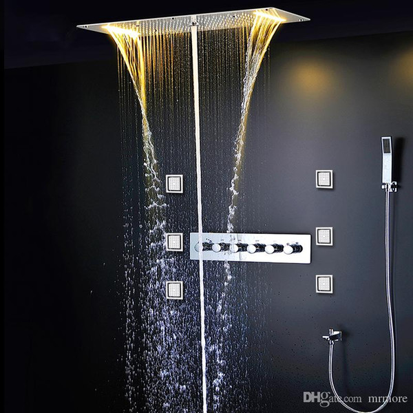 5 Functions Shower Set Modern Luxury European Style Large SUS304 Thermostatic Mixer Waterfall Rainfall Bathroom Led Ceiling