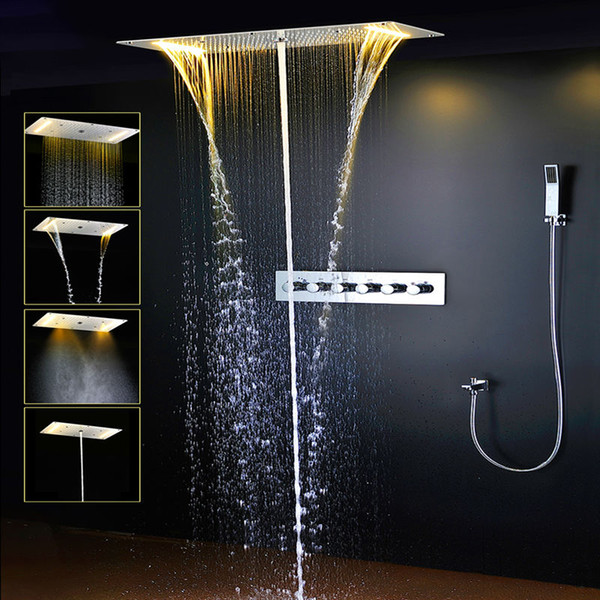 Thermostatic Shower Set SUS304 Mirror Panel With LED Shower Head 380x700 Rainfall Mist Spray Waterfall Water Column