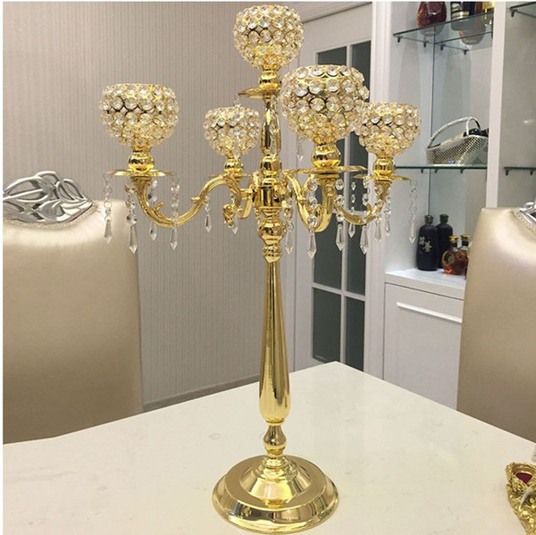 75CM Metal Gold Silver Candle Holders 5-Arms With Crystals Stand Pillar Candlestick For Wedding Table Centerpieces Decoration