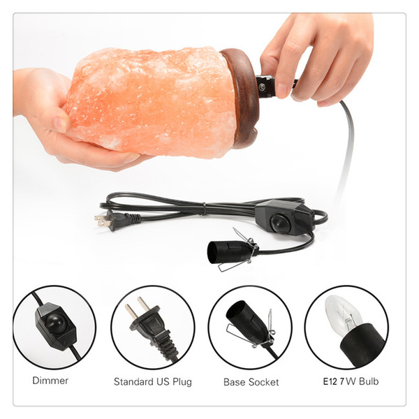 110V Dimmable Hand Crafted Natural Crystal Himalayan Salt Lamp with Wooden Base 7W Bulb and Power Cord Free Shipping