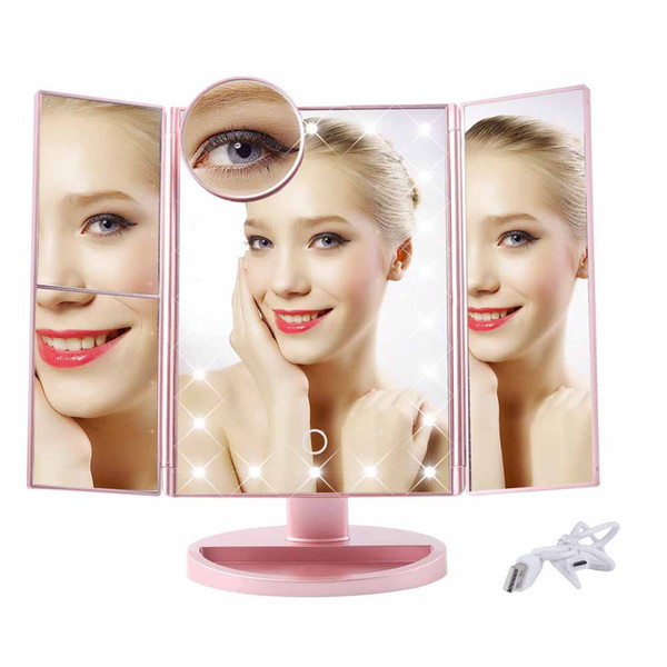 22 LED Touch Screen Makeup Mirror 1X 2X 3X 10X Magnifying Mirrors 4 in 1 Tri-Folded Desktop Mirror Lights Health Beauty Tool