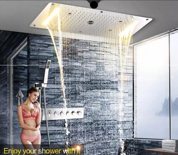 9 Function 380x700mm Concealed Thermostatic Shower Set SUS304 Mirror Panel With LED Shower Head Rainfall Mist Spray Waterfall Water Column