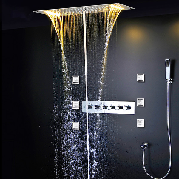 5 Functions Shower Set Modern Luxury European Style Large SUS304 Thermostatic Mixer Waterfall Rainfall Bathroom Led Ceiling