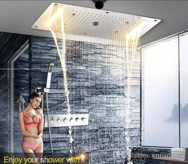 9 Function 380x700mm Concealed Thermostatic Shower Set SUS304 Mirror Panel With LED Shower Head Rainfall Mist Spray Waterfall Water Column