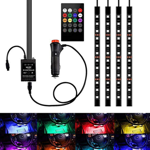 Car Interior Lights 4pcs 72 LED DC12V Multicolor Music LED Strip Light with Sound Active Function and Wireless Remote Control