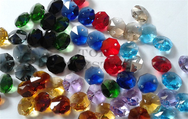 200 Pcs 14MM Glass Crystal Octagon Beads In 1 Hole/2Holes Freeshipping (16 color choose) tof-060