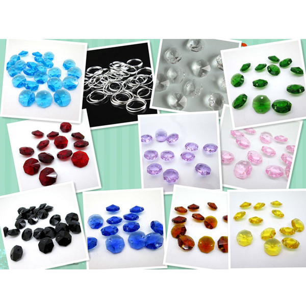 200PCS 12mm Silver Jump Rings & 200PCS 2 Hole 14mm K9 Crystal Glass Octagon Beads Chandelier Prism Parts Home Decoration