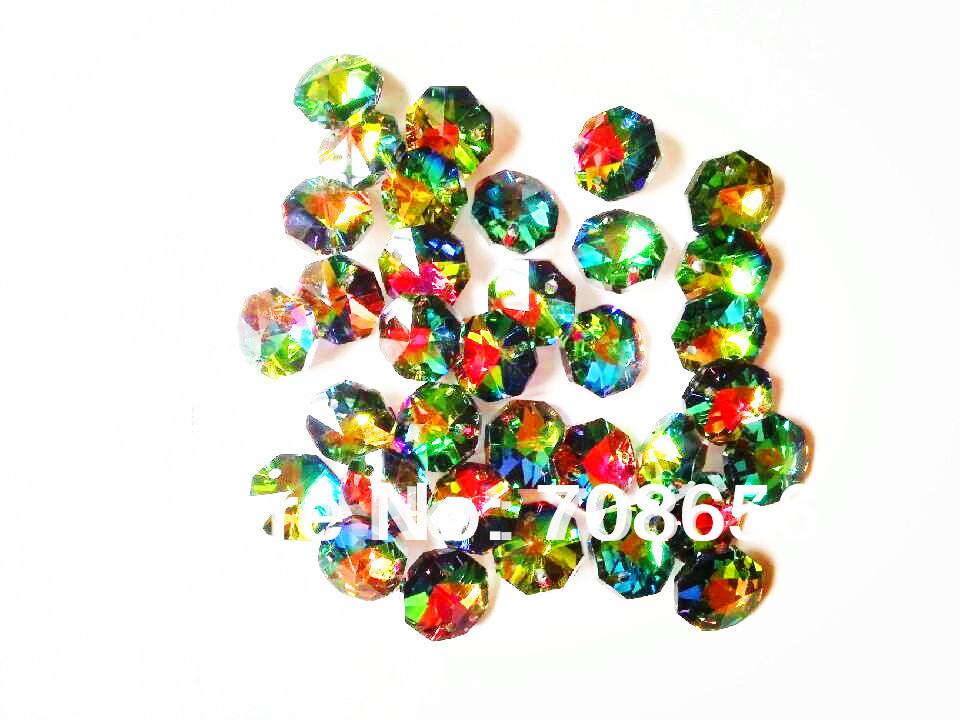 Wholesale-HOT SALE 1000pcs 14MM MULTICOLOURED OCTAGON CRYSTAL GLASS BEADS CHANDELIER CHAIN PARTS IN TWO HOLES