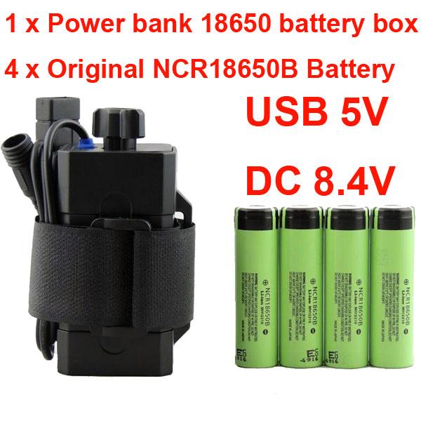 Light Accessories Waterproof Rechargeable power bank case 18650 Battery Box for Lamp light + 4 pcs NCR18650B 3400mAh battery