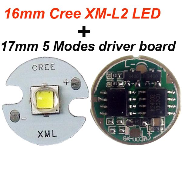 16MM Cree XM-L2 U2 LED Star Cool white + 17mm Cree XM-L/XM-L2 Flashlight Driver 5 Modes 3.7-4.2V flashlight Circuit Board